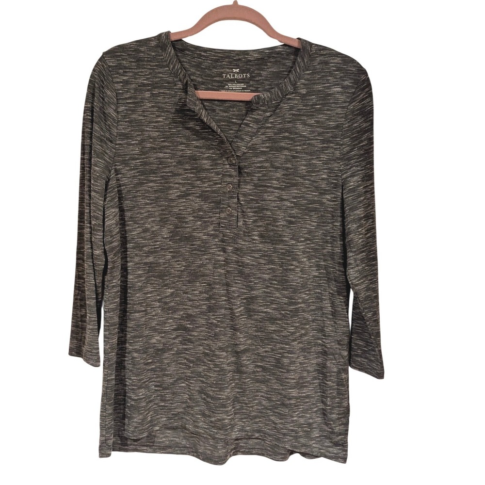 Talbots Womens L Space Dye Henley Top Charcoal Grey 3/4 Sleeve Knit Shirt VN259